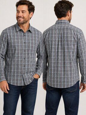 DH3 Men's Plaid Button-Up Shirt Size Medium Gray Blue Short Sleeve Casual